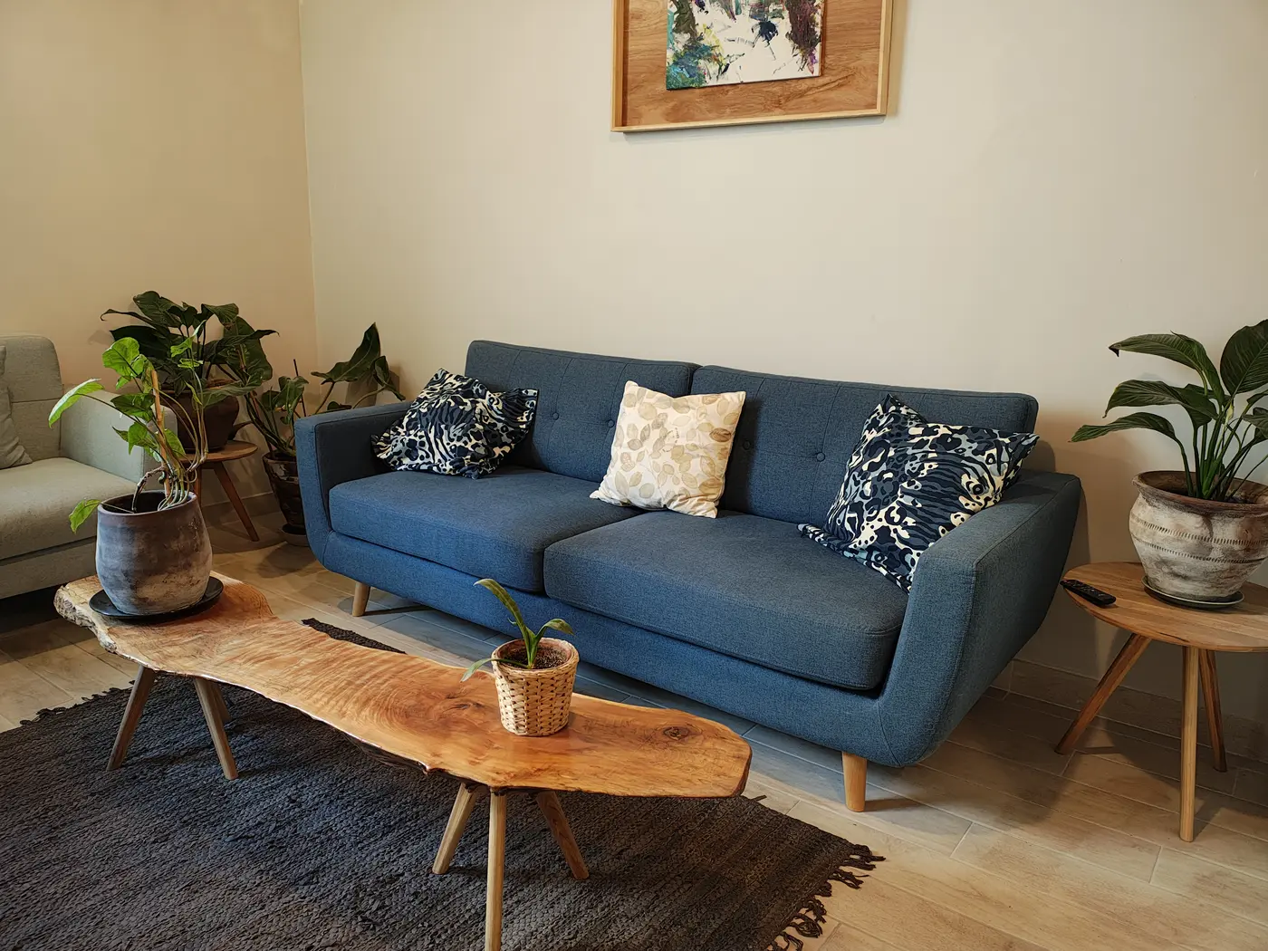 Sala de espera de Centro Naz con sofá azul, plantas y luz natural